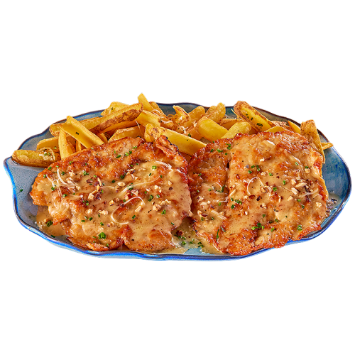 ПИЛЕШКИ СКАЛОПИНИ С ЕМБЛЕМАТИЧЕН СОС И ГАРНИТУРА ПО ИЗБОР