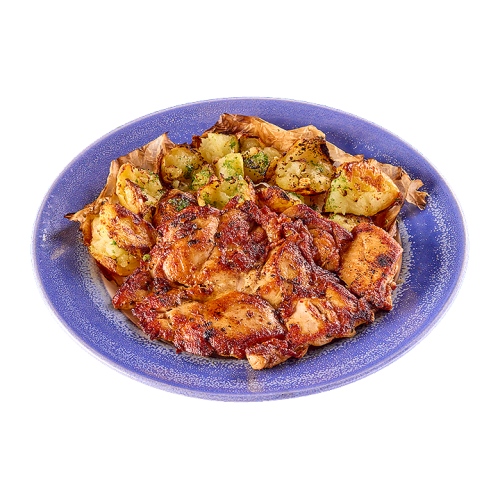 ПИЛЕШКА ПЪРЖОЛА НА ПЛОЧА С ПЕЧЕНИ КАРТОФИ