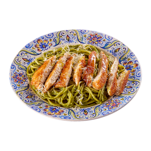 ПЕСТО СПАГЕТИ С ПЕЧЕНО ПИЛЕ