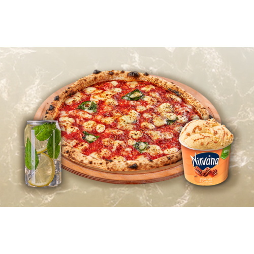 КОМБО ПИЦА МАРГАРИТА+ЛИМОНАДА С БЪЗ 330 МЛ+NIRVANA PRALINES AND CREAM